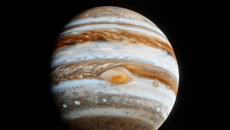 slow zoom into planet jupiter's surface with the great red spot spinning counter clockwise and slow moving clouds