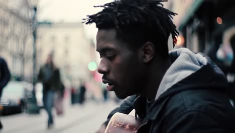 a soulful street musician captivates passersby with heartfelt guitar melodies in a lively urban setting, blending music and city life in perfect harmony.