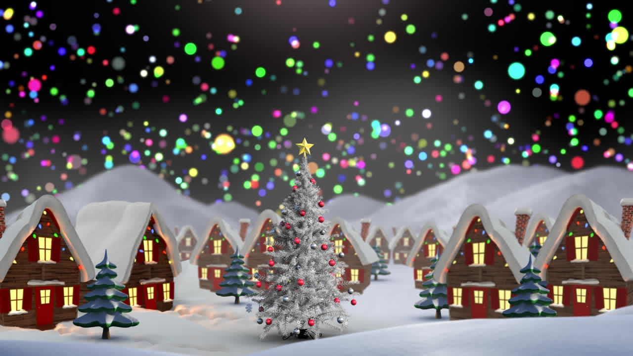 별이 떨어지는 다채로운 불빛이 요정의 불빛으로 집 위에 떨어지는 애니메이션