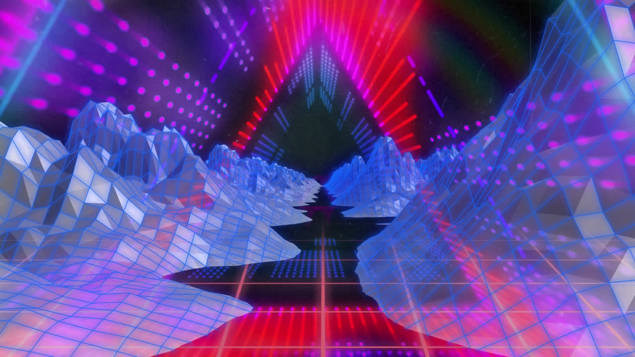 animación de formas caleidoscópicas en movimiento brillantes y paisajes sobre fondo negro