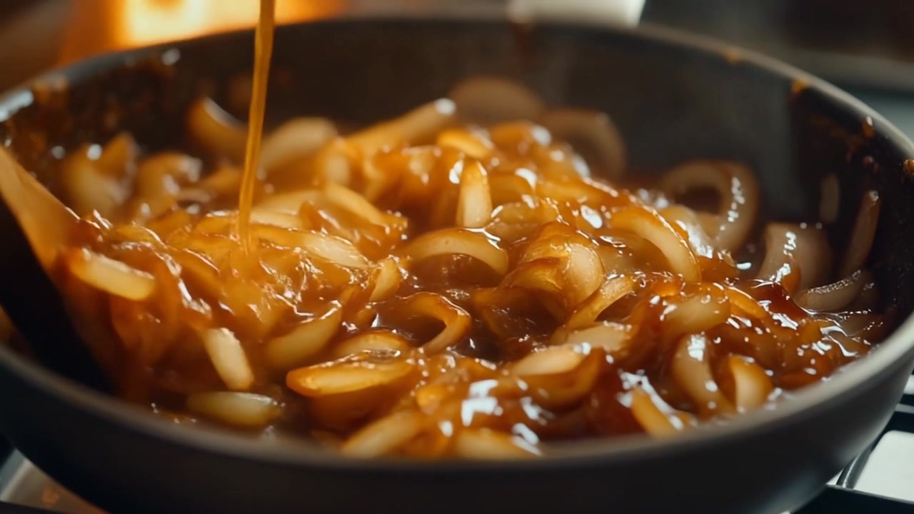 Chef che mescola cipolle caramellate in una padella