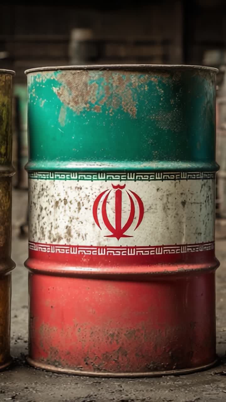 Un barile metallico deteriorato che mostra i colori nazionali e il simbolo dell'Iran catturato in un ambiente industriale sporco