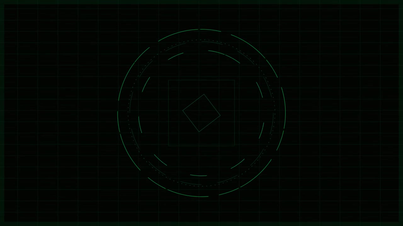 Digital HUD Interface with Rotating Square and Circular Elements