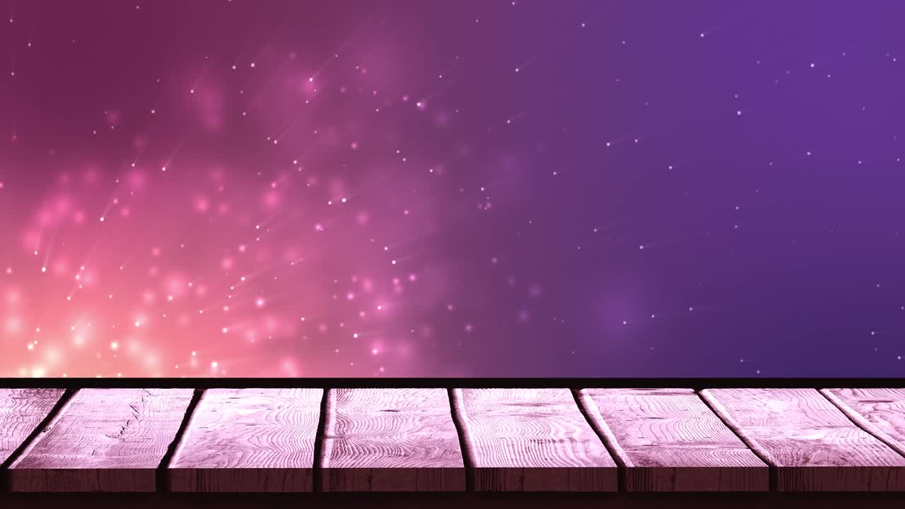 animación de luces sobre fondo violeta con superficie de madera