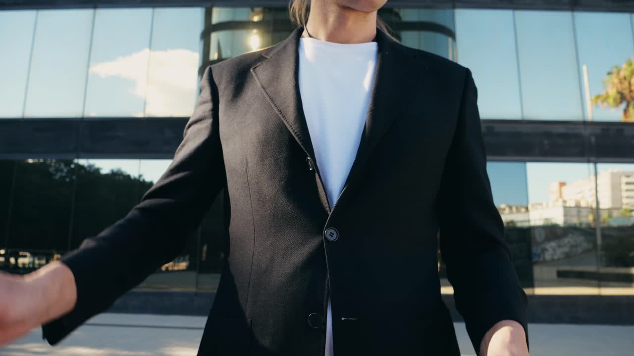 Businessman checking documents outside, Man boss CEO employee in formal outfit holding and reading CV, getting ready for job interview, standing outdoors on the street