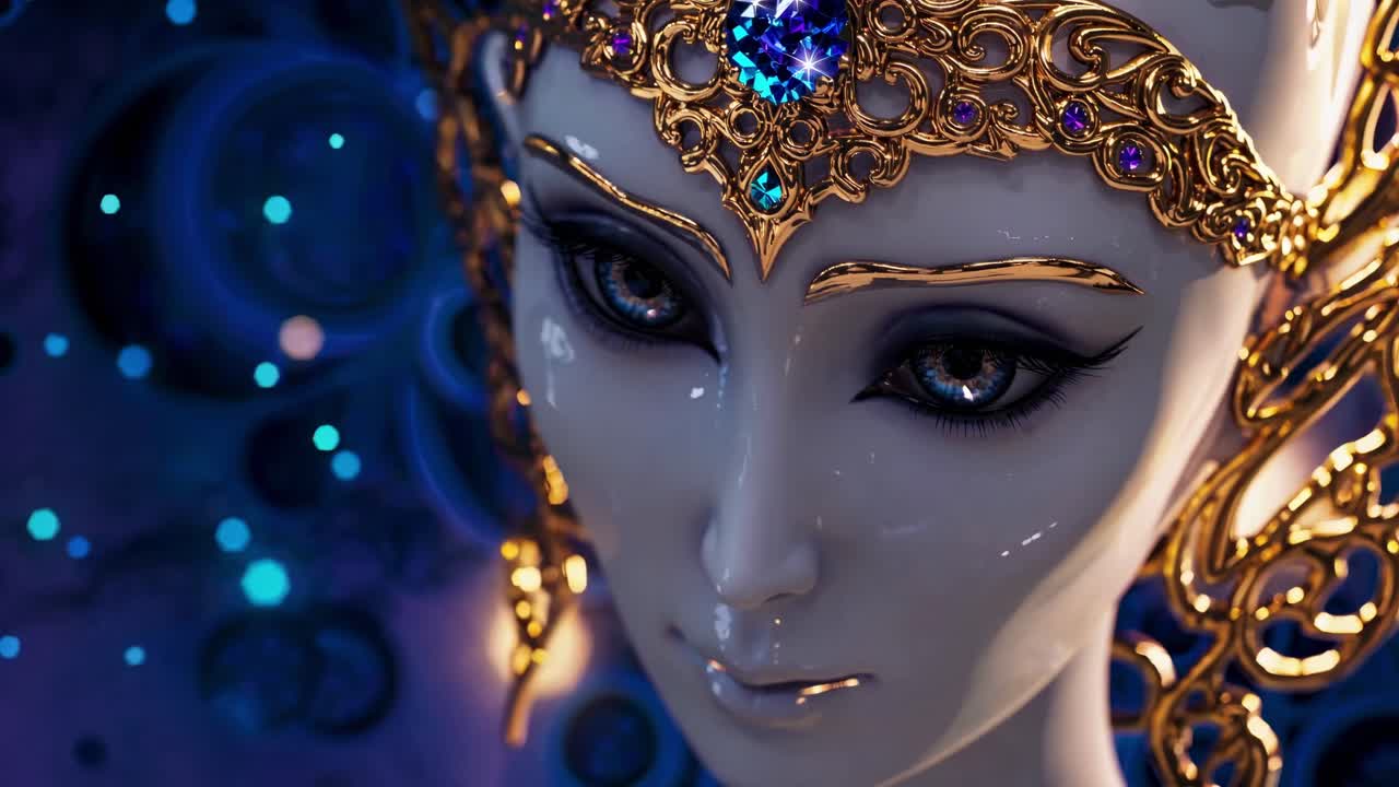 Luminous celestial being wearing golden headdress, radiating divine energy, piercing blue gaze emerging from luminescent azure backdrop, embodying otherworldly mystique