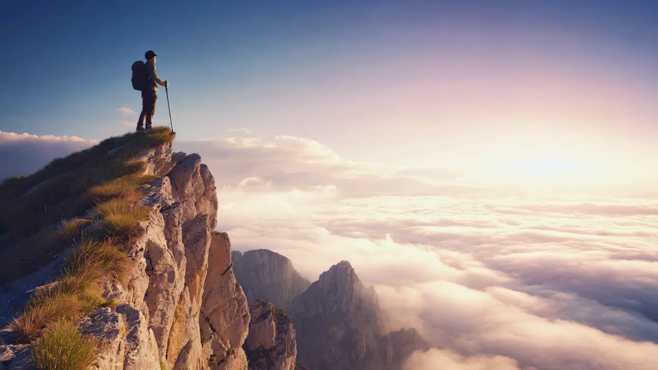 Hiker on a Mountain Peak Above the Clouds