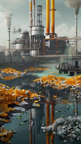 a factory with smoke coming out of it and a contaminated river. scene is somber and industrial