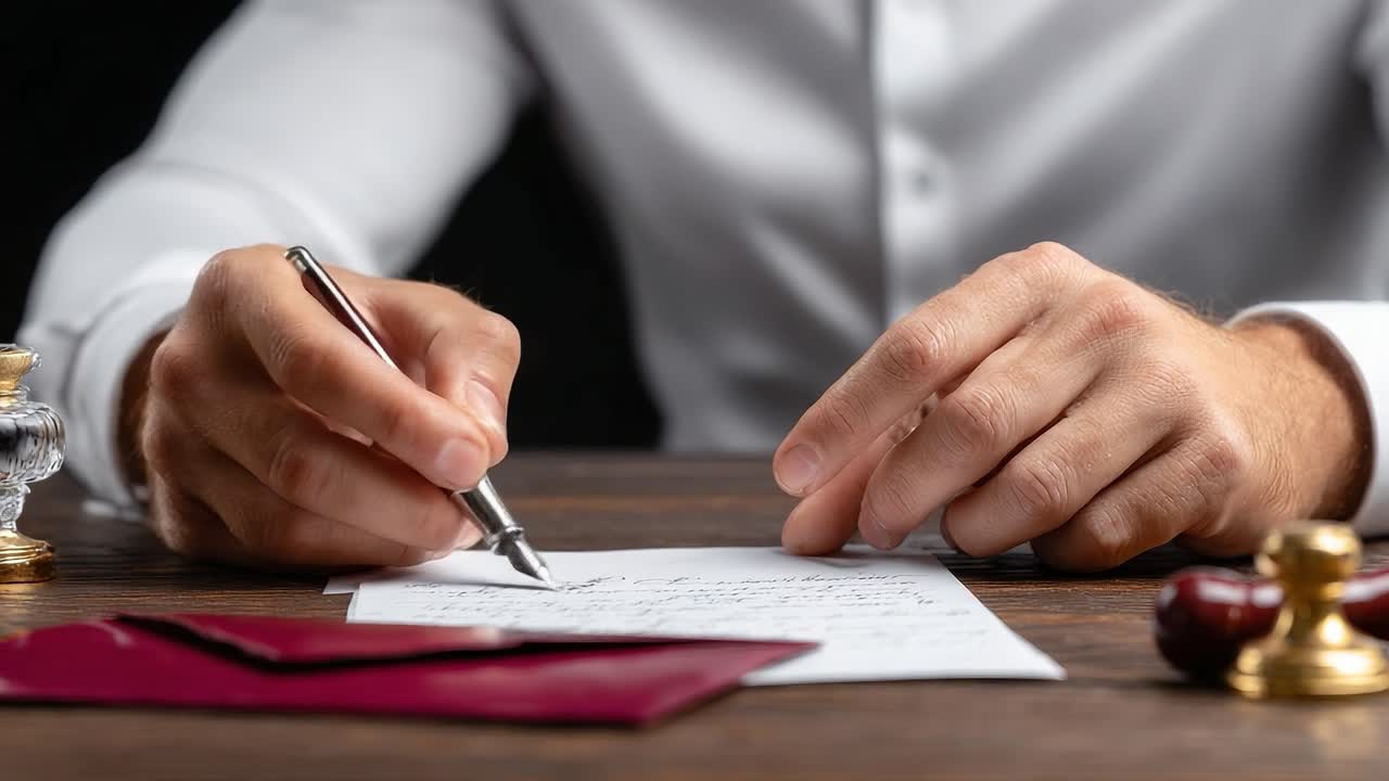 A Person Writing on a Sheet of Paper Using a Fountain Pen, Surrounded by Elegant Stationery and Decorative Items on a Wooden Table