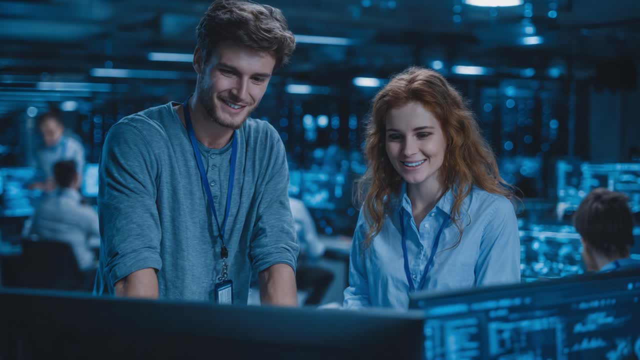 Engaged Team Collaborating in a High-Tech Environment: Two Colleagues Share Insights While Analyzing Data on Digital Screens in a Modern Workspace