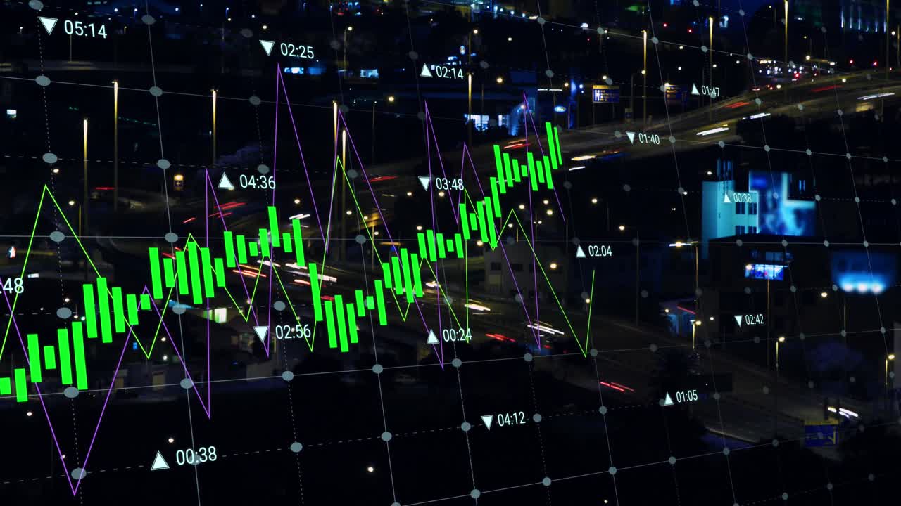 animación del procesamiento de datos financieros sobre el paisaje urbano
