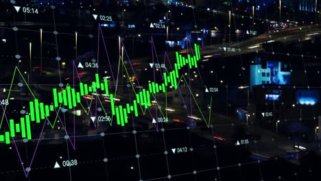 animación del procesamiento de datos financieros sobre el paisaje urbano