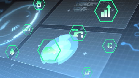 iconos hexagonales que muestran puntos de datos y métricas, interfaz futurista en movimiento