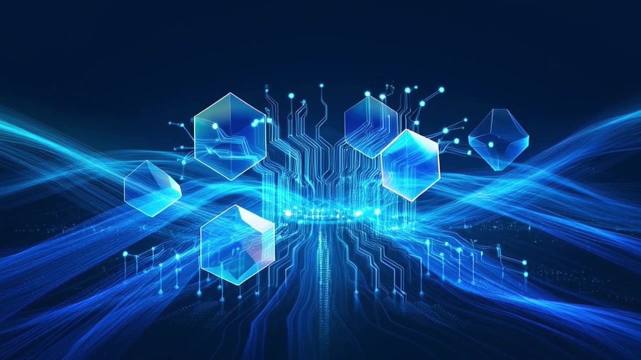 Abstract Digital Technology Background with Glowing Hexagons and Circuitry