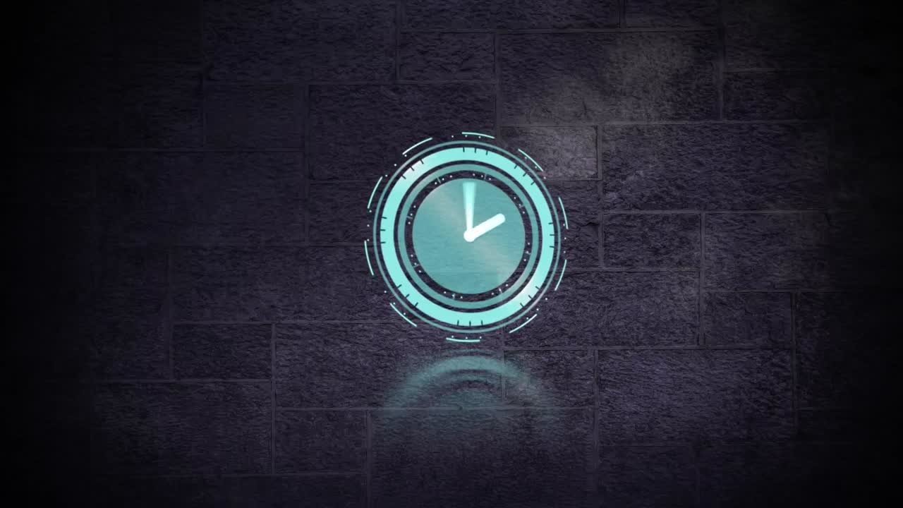 animación de un reloj con manecillas giratorias sobre un fondo de pared de piedra gris oscuro