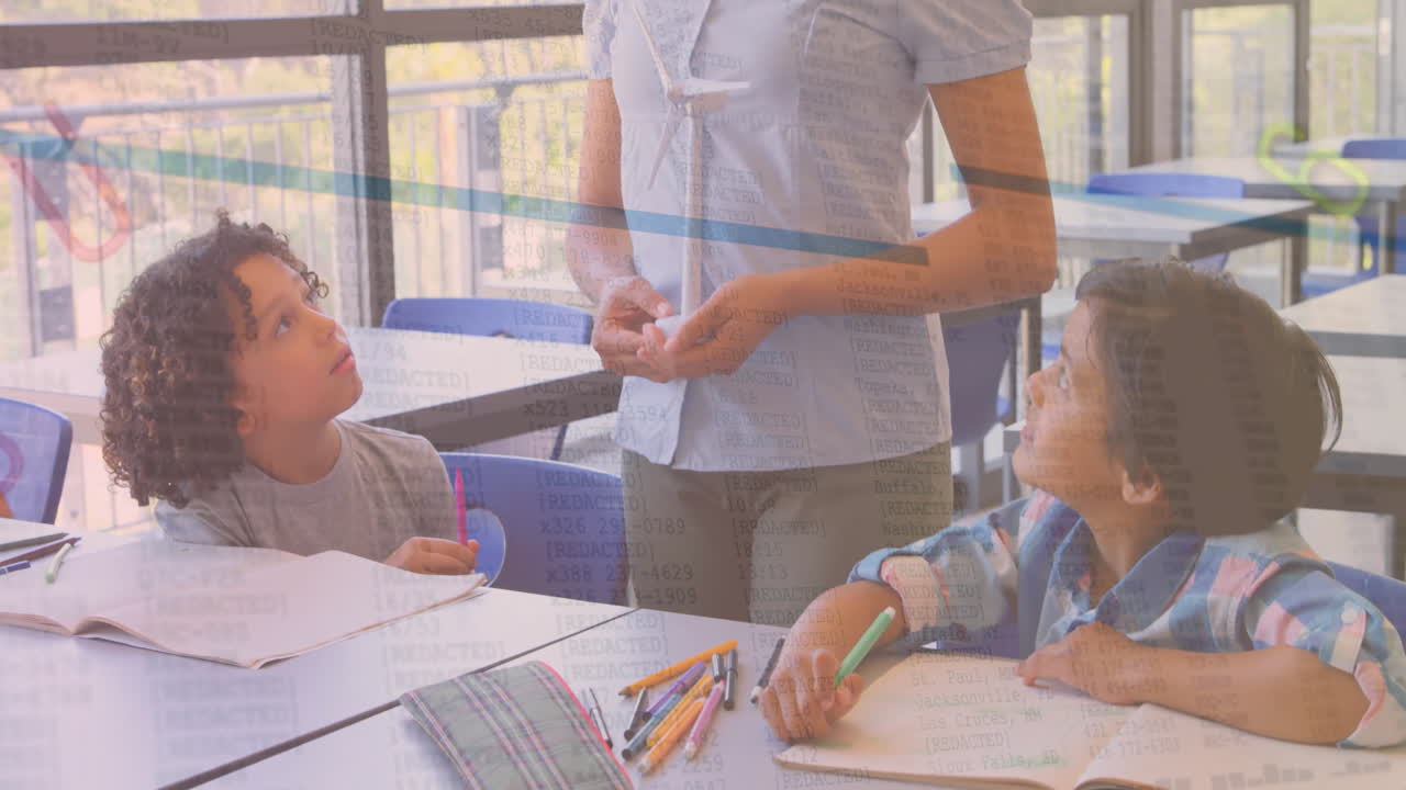 Teacher guiding students in STEM classroom, with animated energy icons and sustainability chart