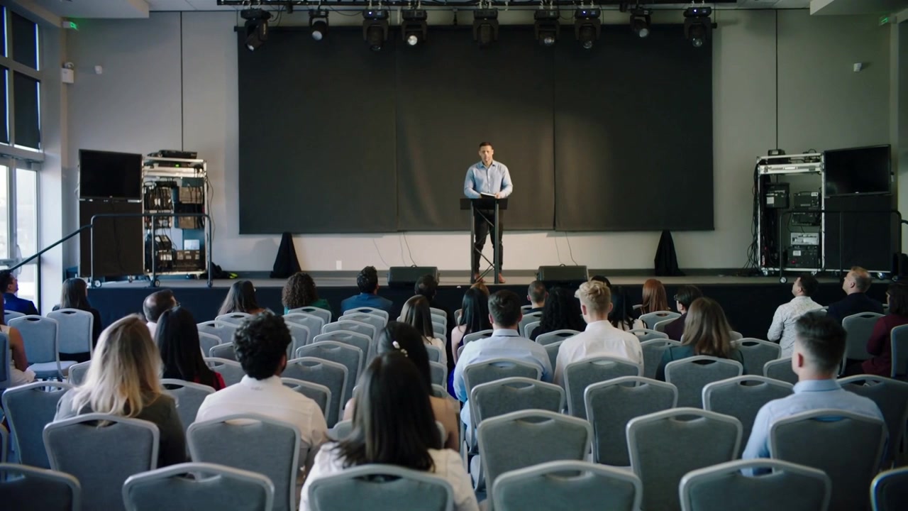 Walking onto stage from left, man in light blue shirt placing notebook on podium, preparing talk