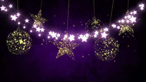 animation of light chain, golden baubles and stars on violet background