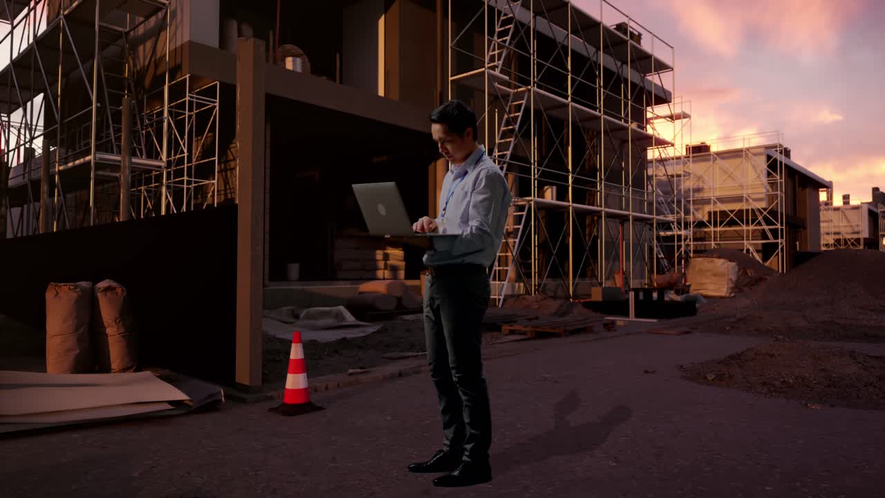Full Body Side View Of An Asian Male Professional Worker Standing With His Laptop At Construction Site in Progress to New House, Typing On His Laptop'S Keybaord With Meditation