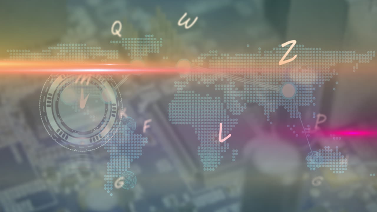 글자의 애니메이션, 렌즈 플레어, 디지털 시계, 추상적인 배경의 지도 위에 연결된 점