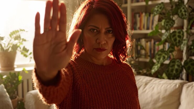 A Resolute Woman in a Cozy Room Rejecting Intrusion with a Bold Gesture and Intense Expression, Highlighted by Natural Light and Indoor Plants