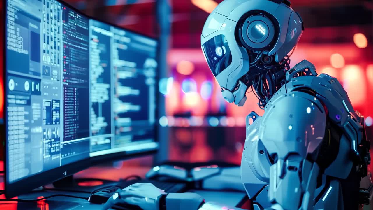 A robot sitting in front of a computer monitor