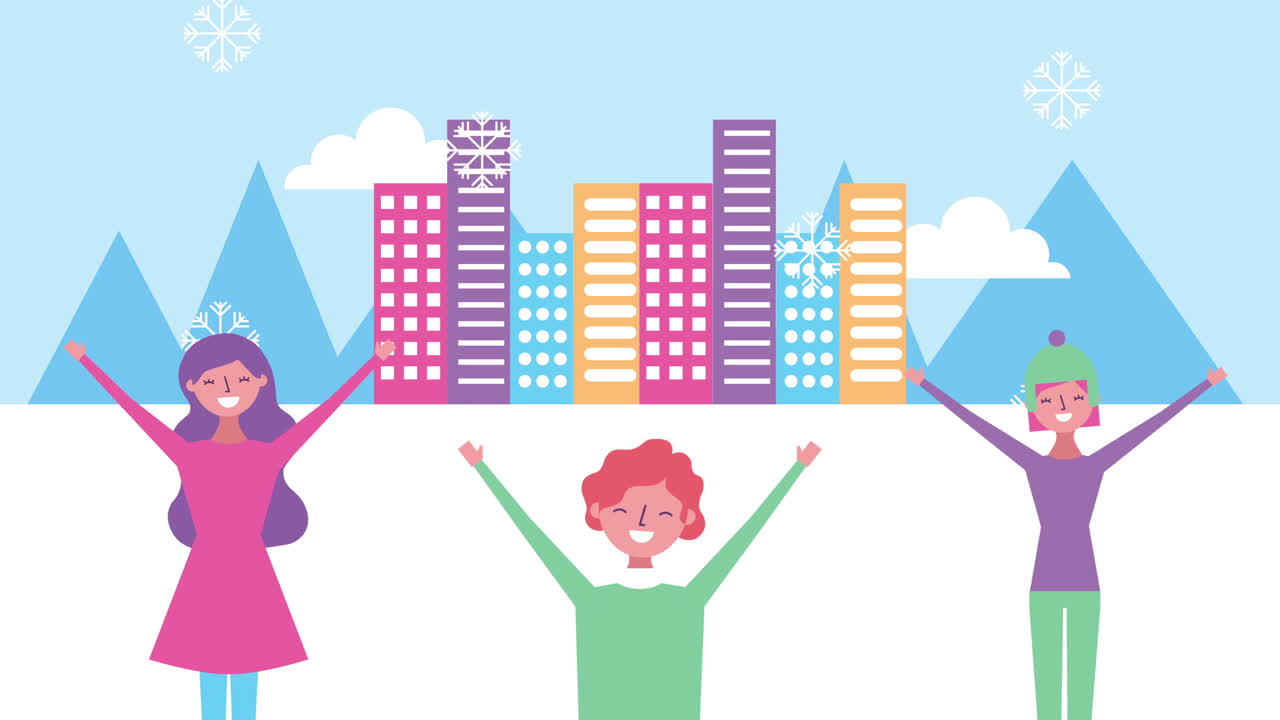 escena de paisaje nevado de invierno con niñas y edificios