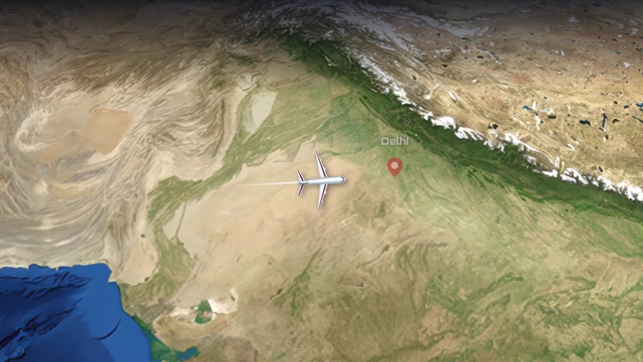 Satellite animation tracks a commercial airplane flying from Doha to Delhi across the Middle East