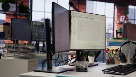 coding platform on pc screens in empty silicon valley startup office