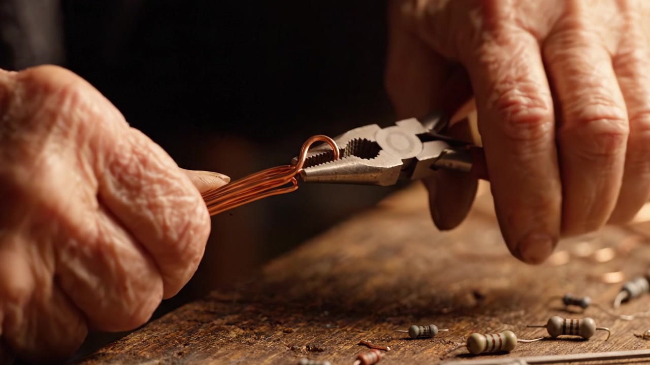 Mani esperte che creano manufatti in rame: un primo piano sull'arte della modellazione del filo e sull'uso degli strumenti nella gioielleria artigianale e nella lavorazione dei metalli