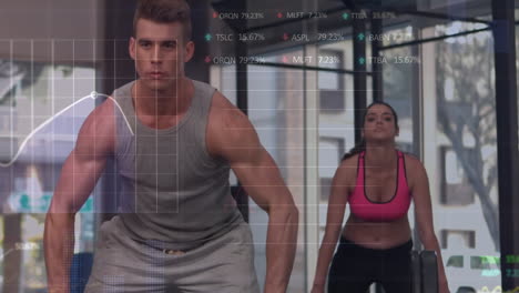 animation of stock market data processing over caucasian fit couple working out with barbell at gym