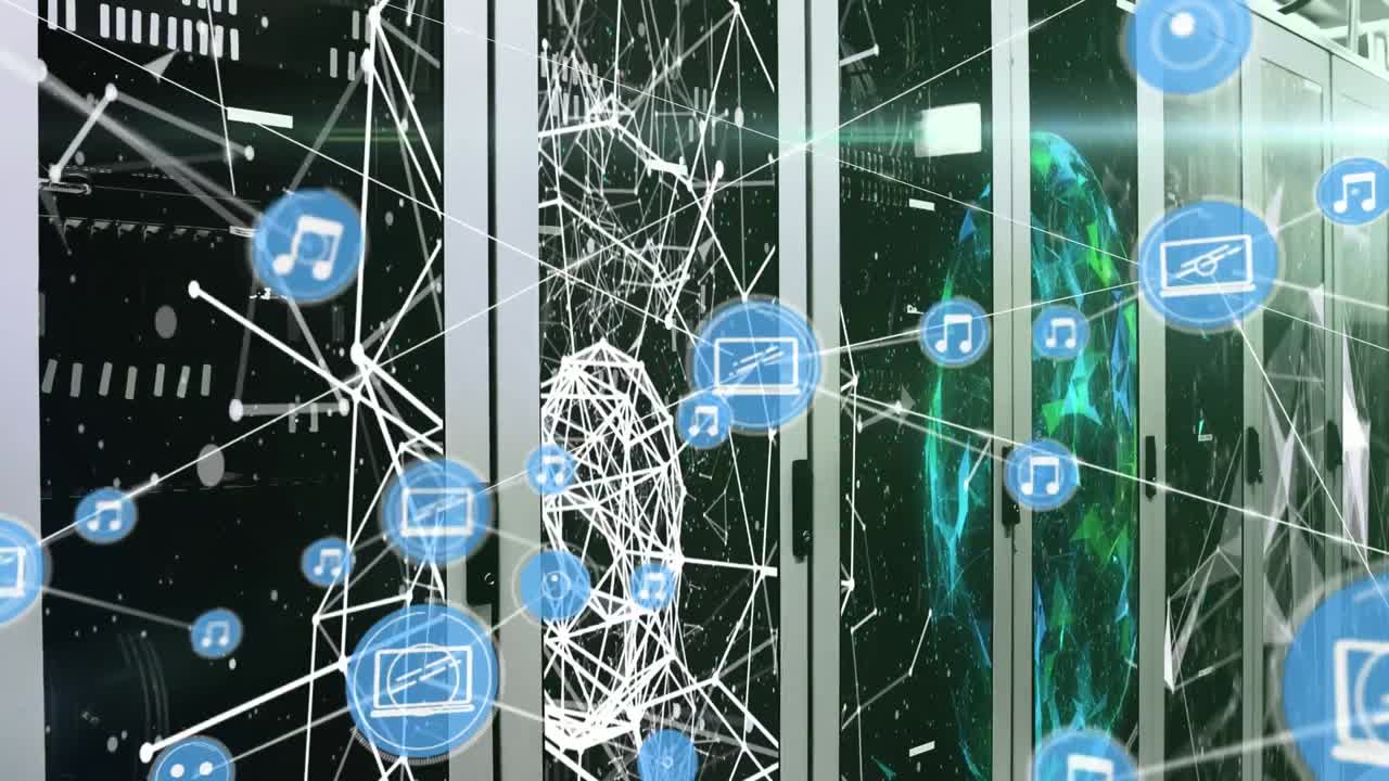 Animation of network of connections and snow falling over server room
