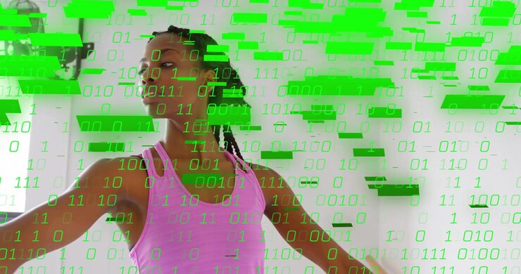 Dancer responding to flickering binary code, extending arms and rotating torso for digital fitness