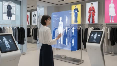 a futuristic retail experience: immersive digital interface enhances shopping for fashion in an innovative clothing store environment