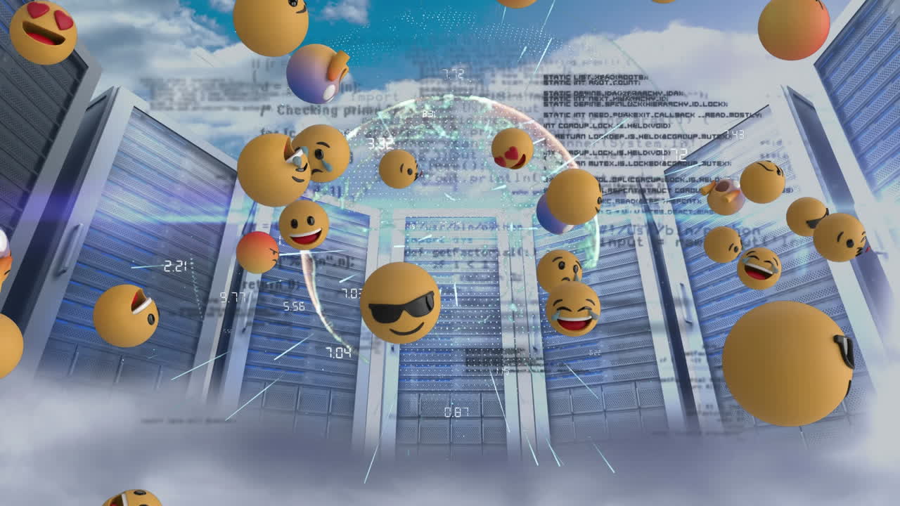 하늘의 구름에 대해 회전하는 지구와 컴퓨터 서버 위에 떠다니는 여러 얼굴 이모티콘