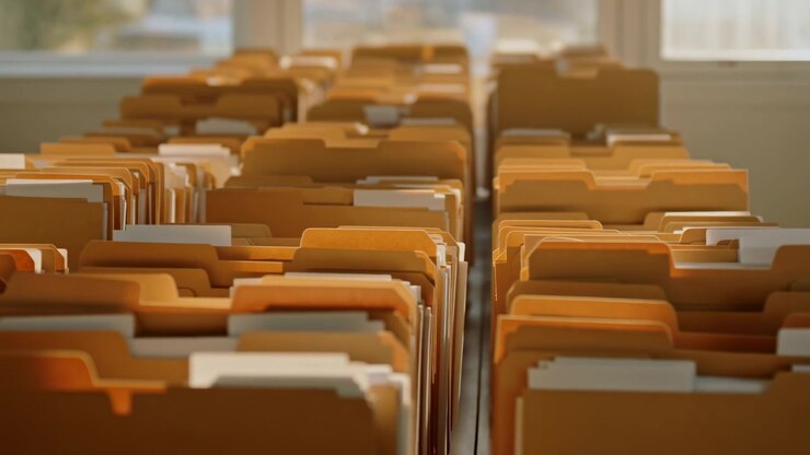 Cartelle portadocumenti manila verticali e fittamente imballate disposte in file parallele all'interno di un sistema di archiviazione per ufficio, viste lungo un corridoio centrale con luce diurna calda e dettagli di un archivio ordinato.