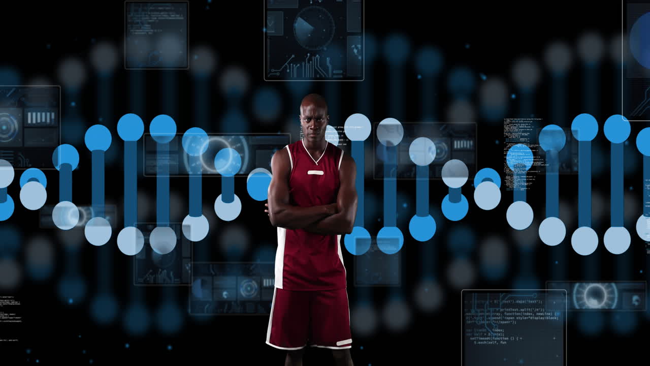 Filamento di DNA e animazione di dati scientifici su giocatore di basket in uniforme rossa