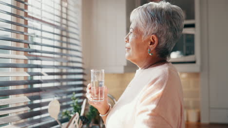 Senior-woman,-drinking-and-water-in-morning