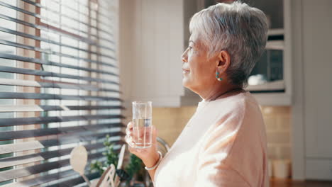senior woman, drinking and water in morning