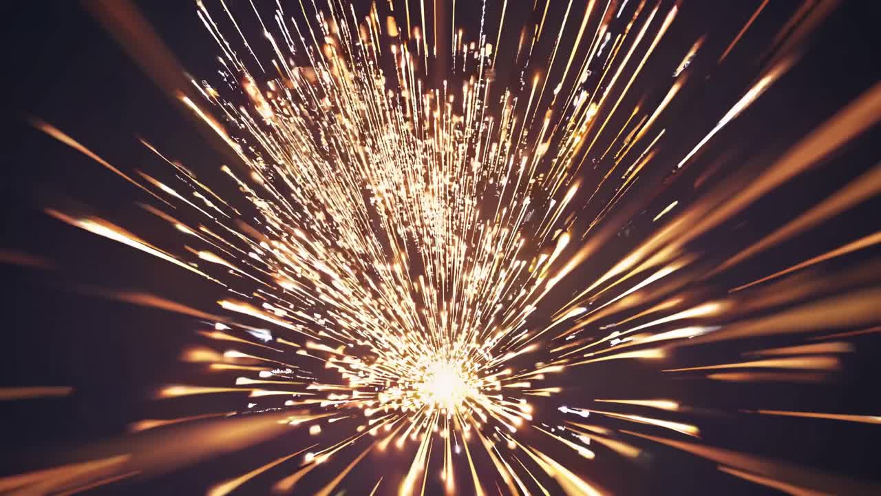 Dynamic video of golden sparks radiating outward, captured from a central, low-angle perspective