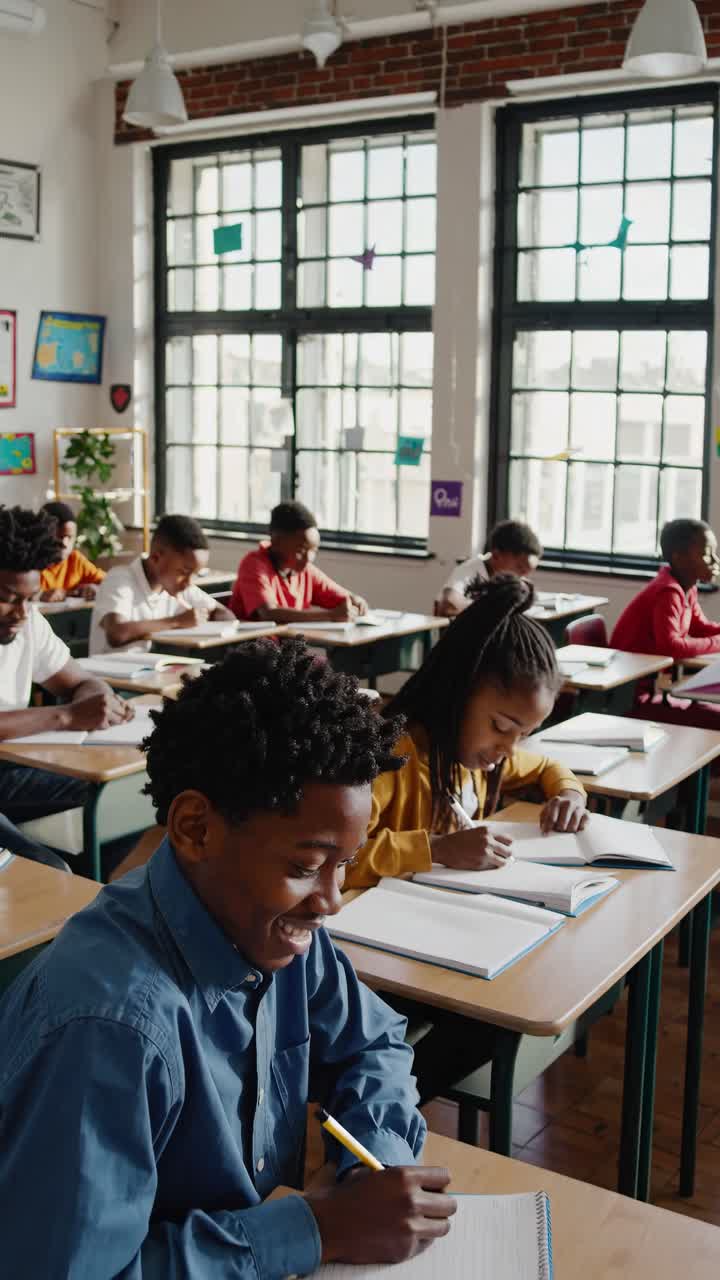 A bright classroom scene with students writing in notebooks. Captured from a side angle, the video
