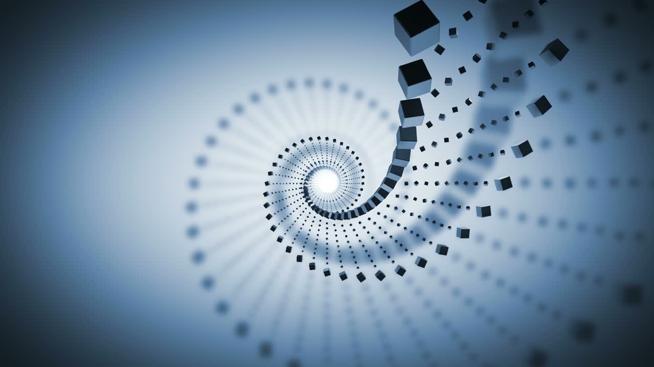 추상 3d 렌더링 루프: 파란색 배경에 큐브를 회전