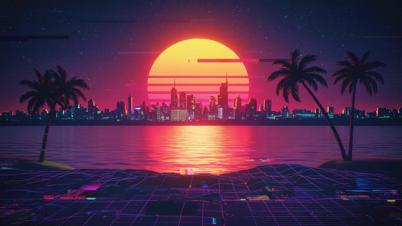 Un tramonto vibrante su uno skyline di città futuristica con palme, che cattura l'essenza dell'estetica neon e del retrofuturismo in un lussureggiante ambiente costiero