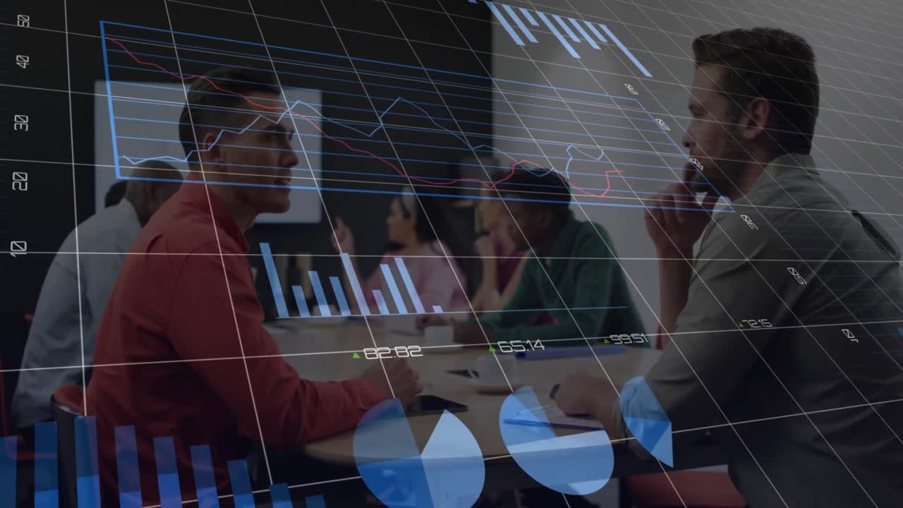 Animation of statistical data processing over diverse men discussing in meeting room at office