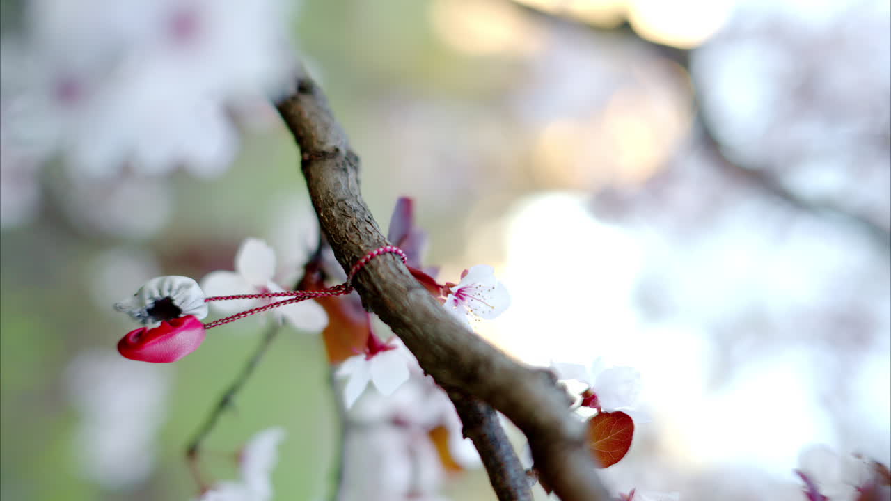 Close-up of a tree branch with flowers in bloom and a martisor on it. Vertical