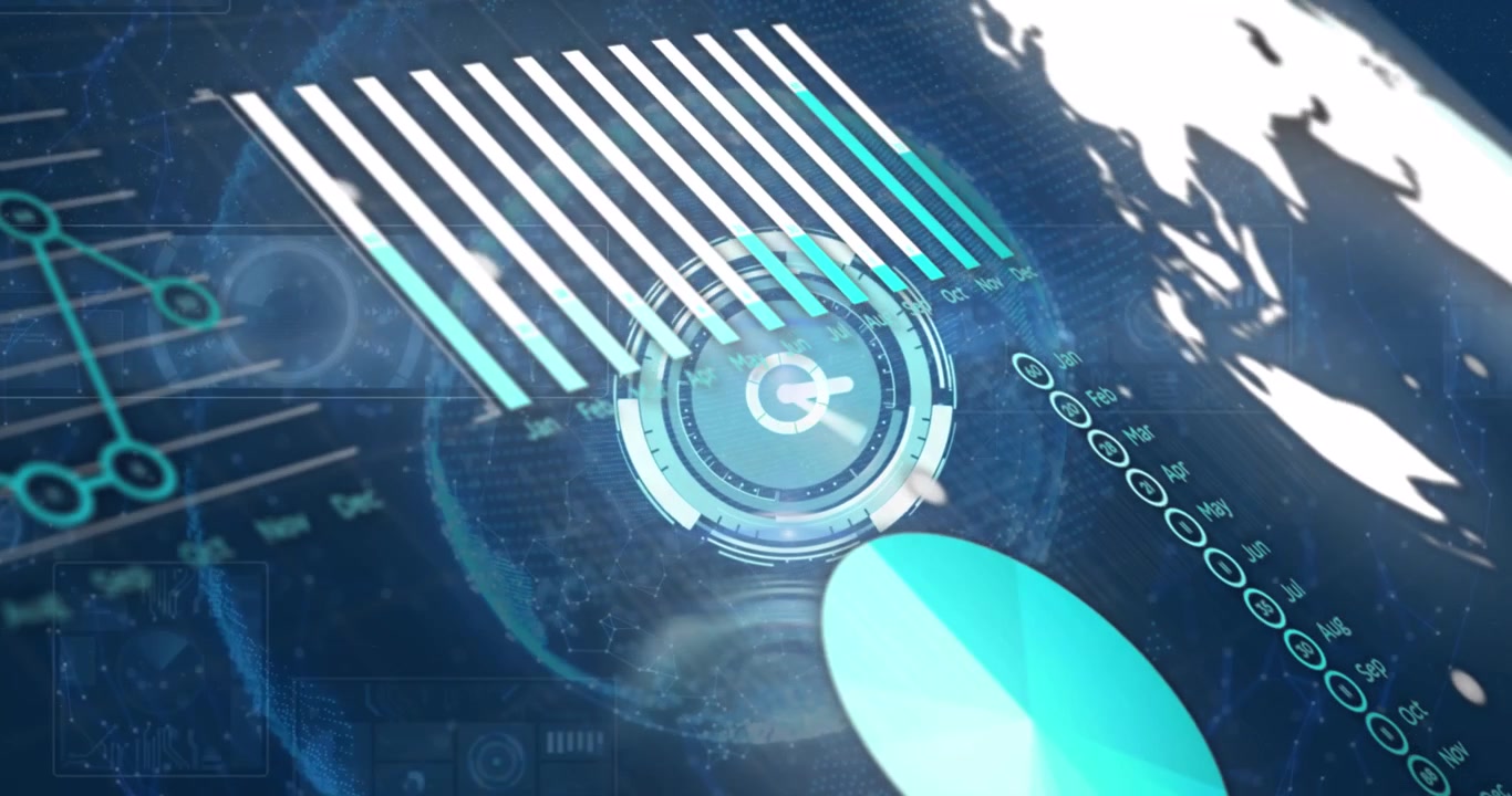 Digital Data Visualization with Rotating Globe and Analytics Charts