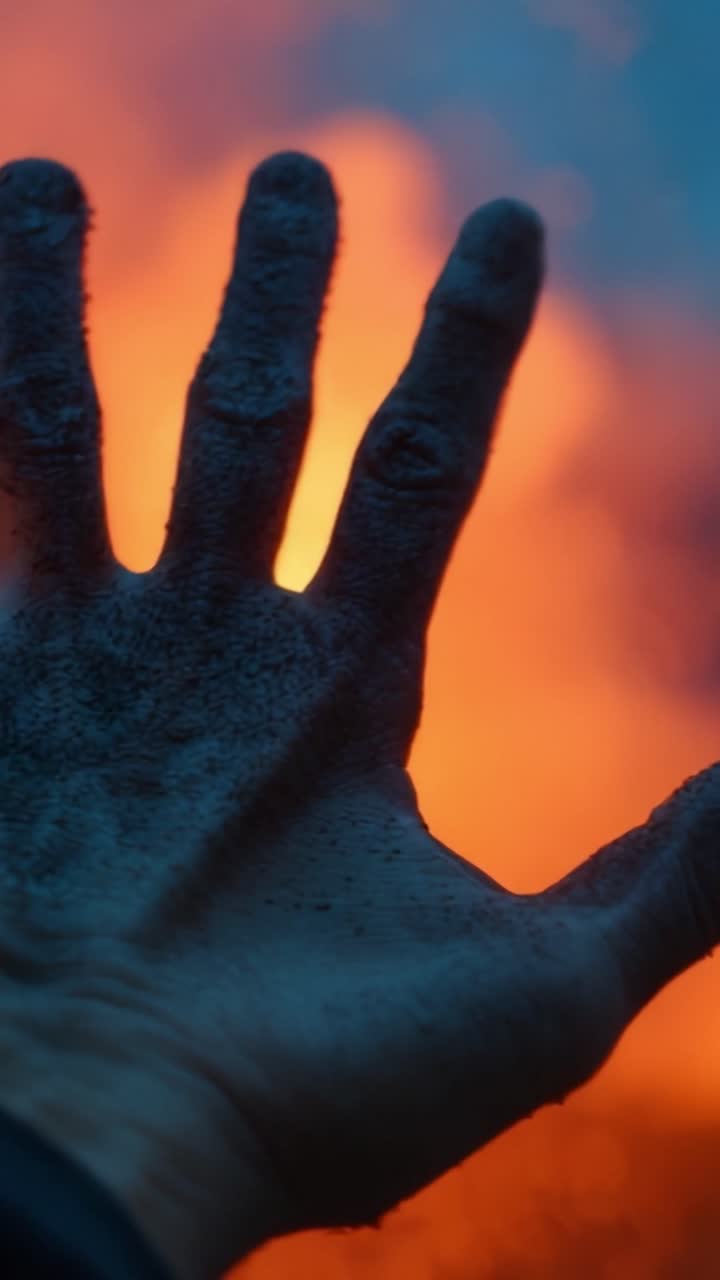 A Close-Up of a Hand Surrounded by Intense Colors of an Erupting Lava Flow, Capturing the Power and Beauty of Nature's Elements in Contrast