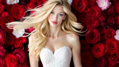 a woman in a wedding dress standing in front of a wall of roses