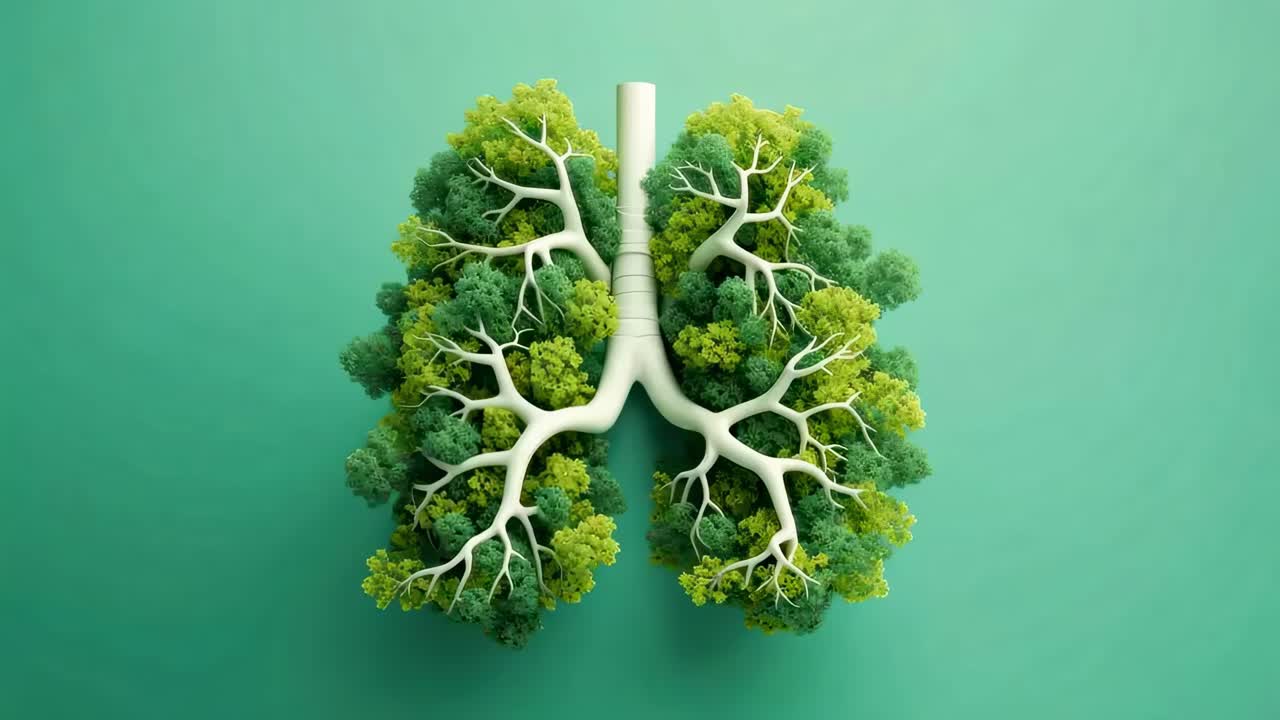 Aerial view of tree branches resembling human lungs against a green background, symbolizing nature