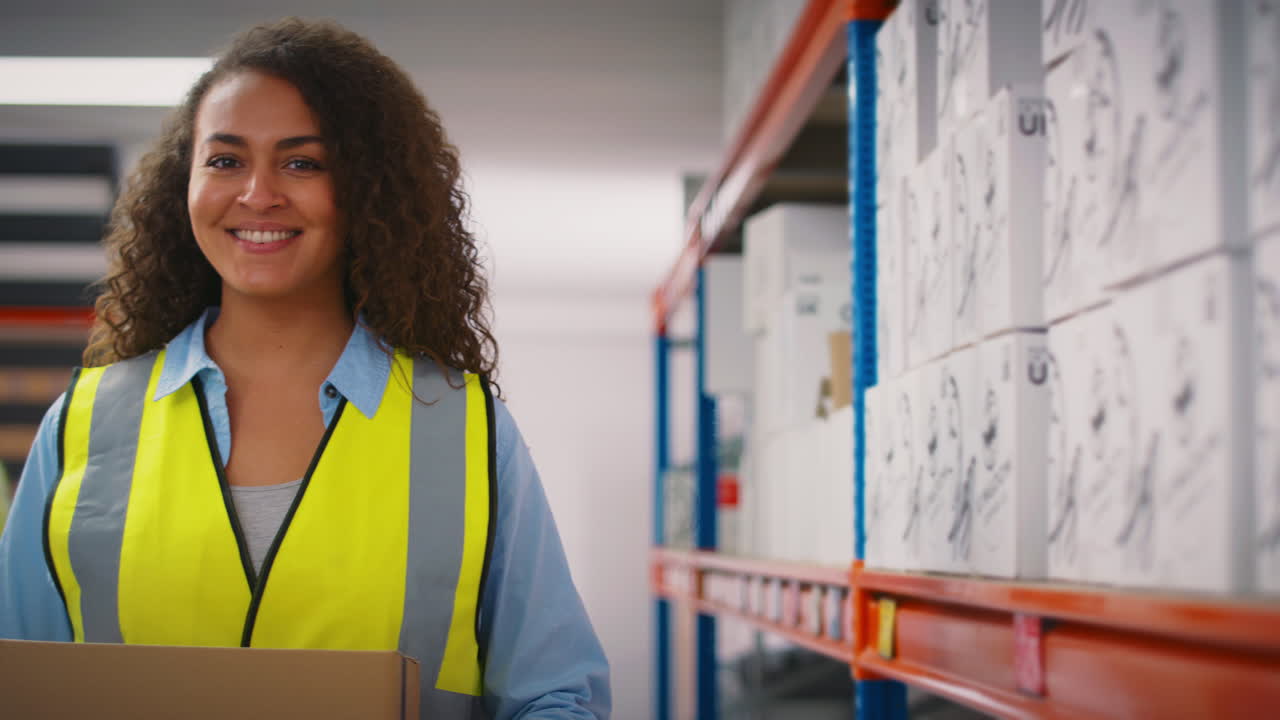 Ritratto di lavoratrice sorridente che indossa un giubbotto di sicurezza ad alta visibilità e tiene una scatola all'interno di un magazzino